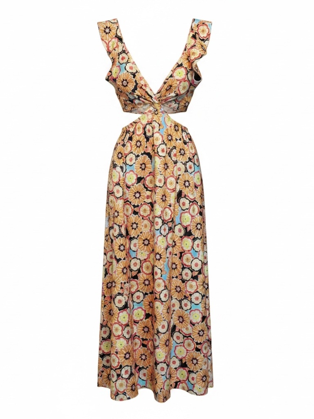 Retro Floral Cutout Maxi Dress | Boho 70s Vibe | Statement Summer Dress